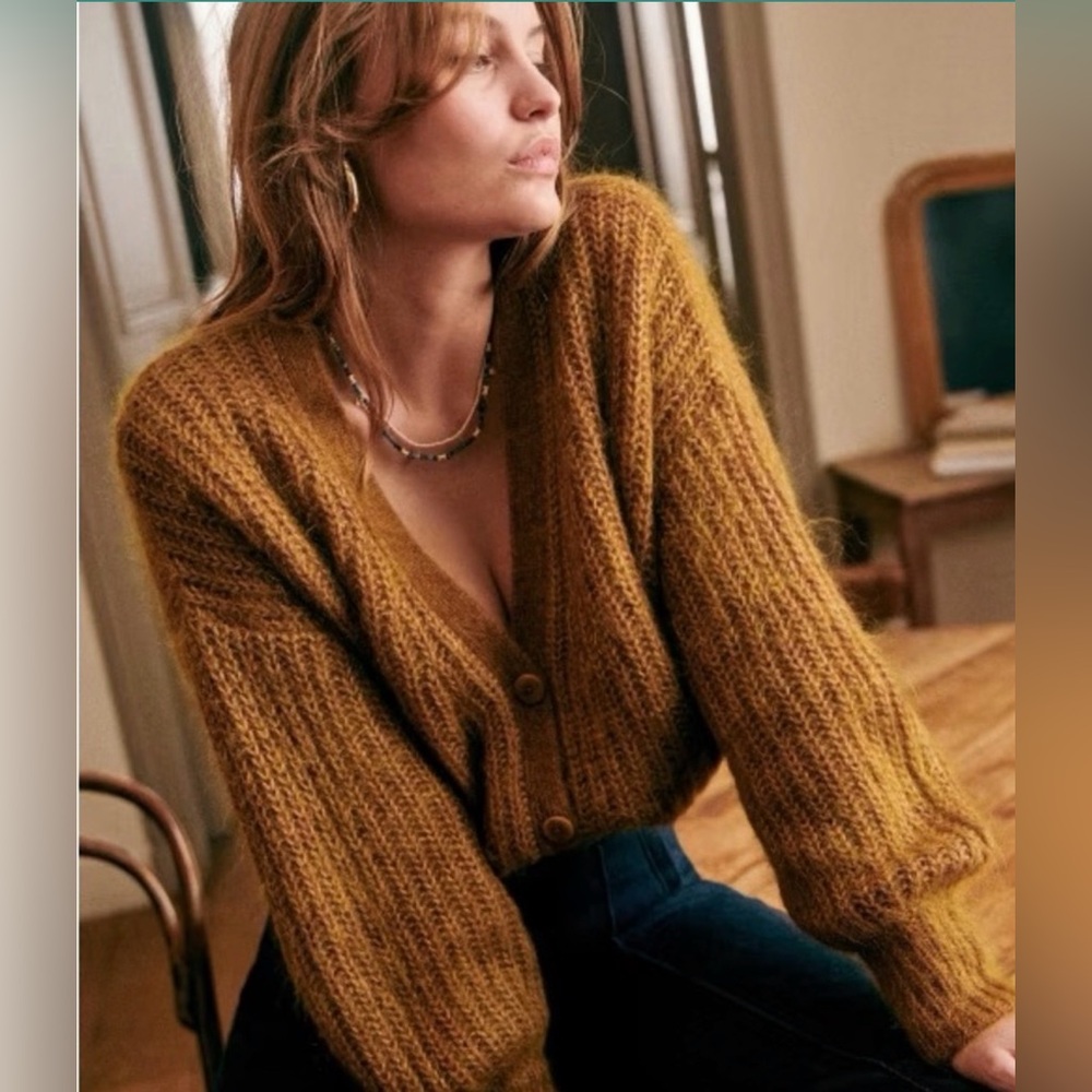 Sézane Achille Chunky Knit Jumper Cardigan Mohair Wool V Neck Brown Camel Size M